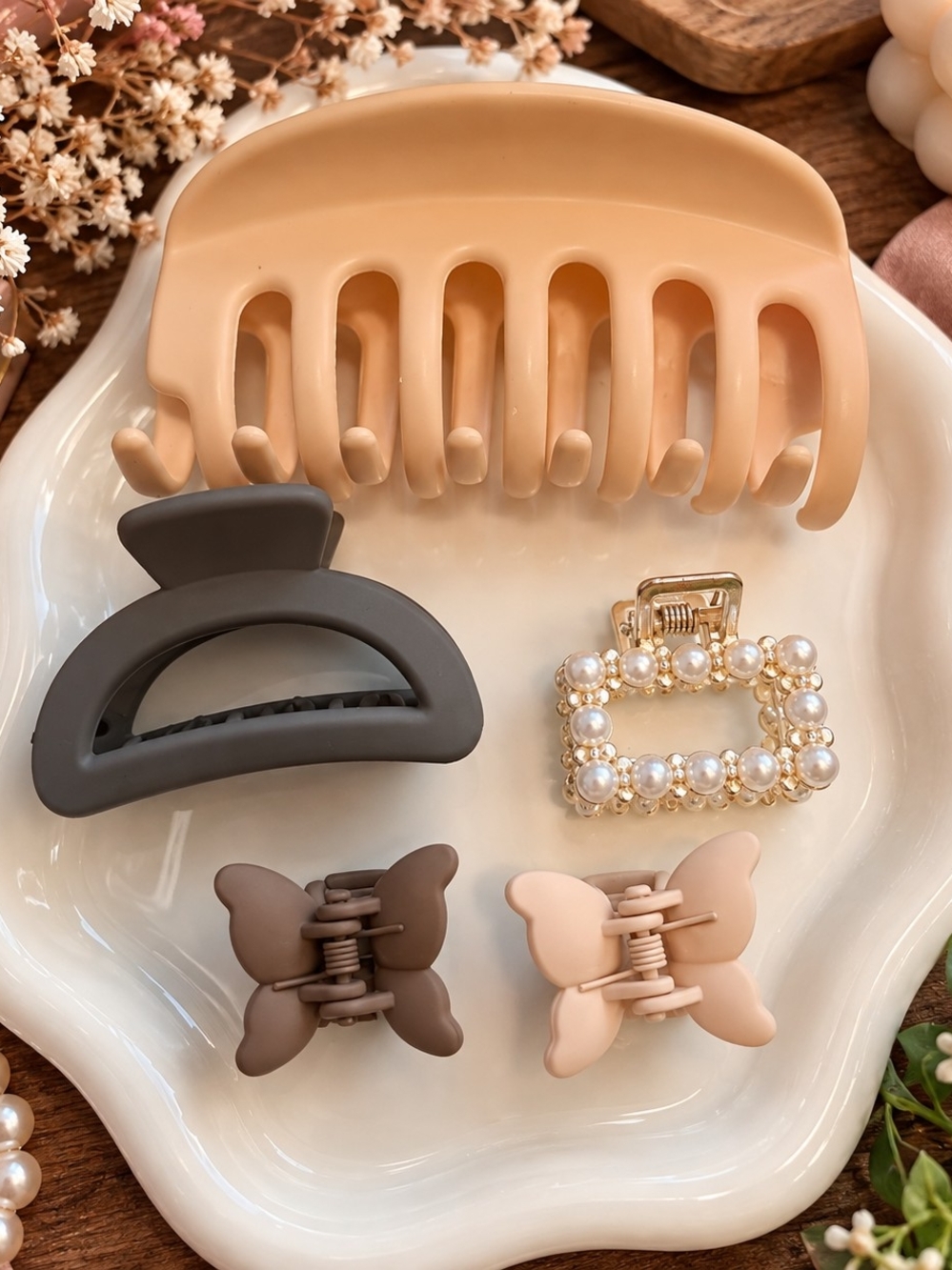Neutral Pearl & Matte Hair Claw Clip Set of 5 - Pearl New
